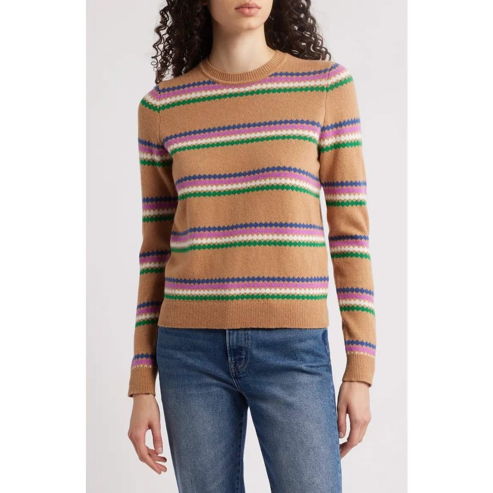 Boden Womens Fair Isle Striped Wool Alpaca Blend Crewneck Sweater Tan Size Small